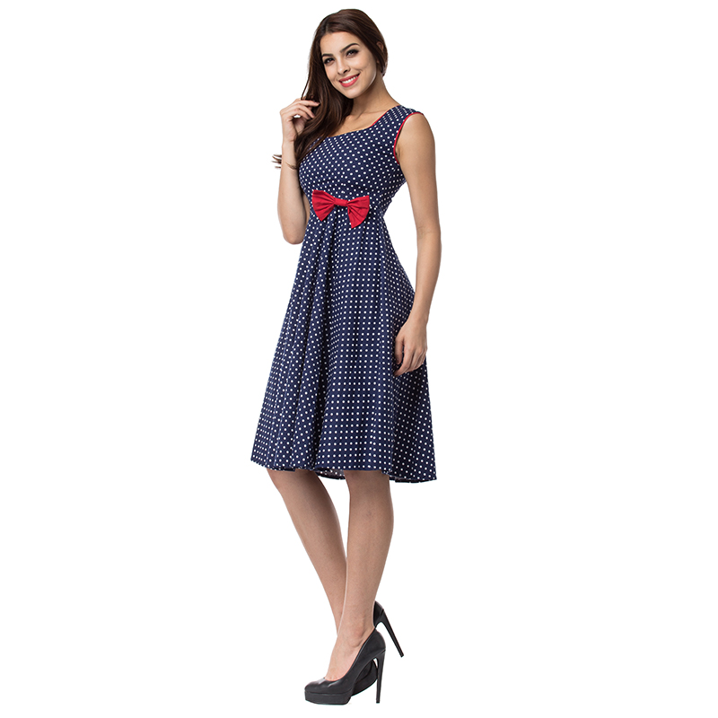 F2510  Blue and White Polka Dot With Red Bow Sleeveless Tank Dress Ball Gown